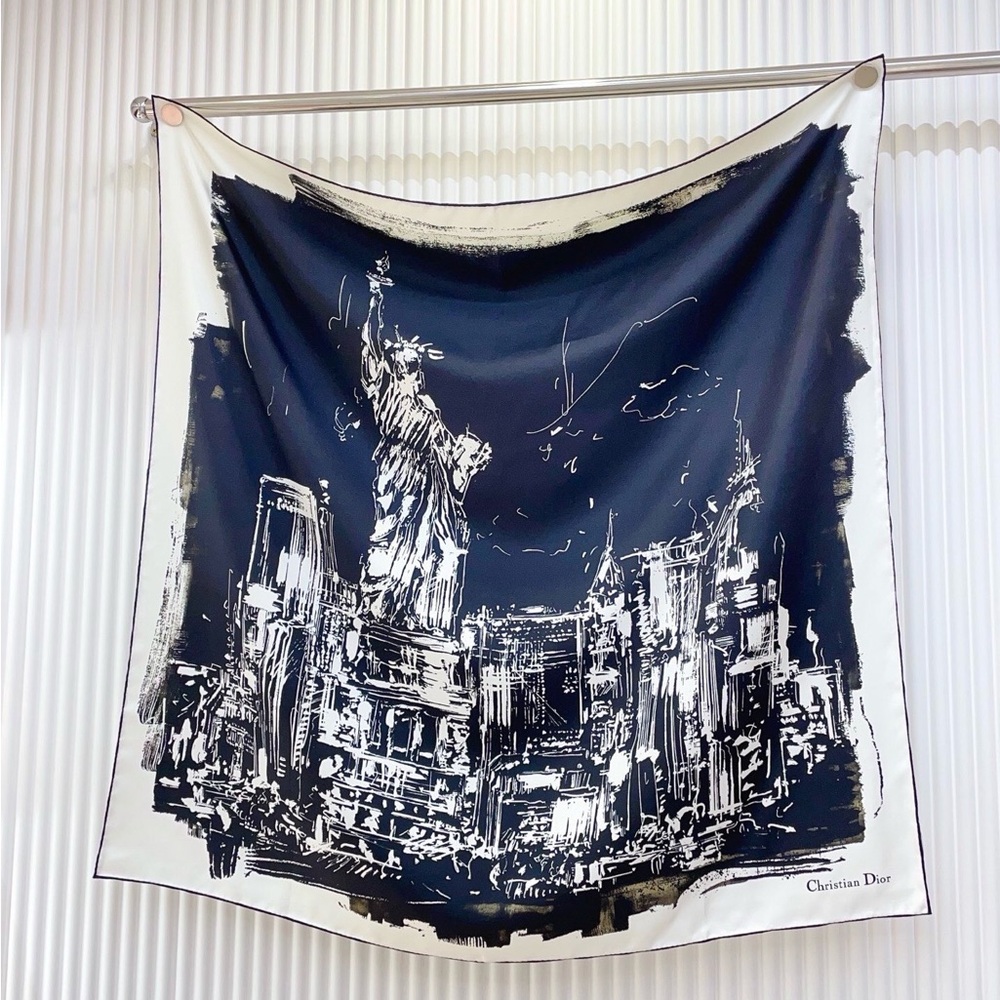 Dior Navy and Cream Cityscape Silk Scarf